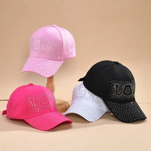 Fashionable baseball caps with LOVE rhinestones in pink, white and black colors
