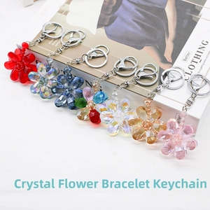 Detail view of crystal flower keychains in seven colors on a fashion magazine