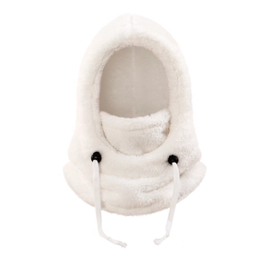 Detail of white plush winter hood scarf with adjustable drawstrings for wind protection