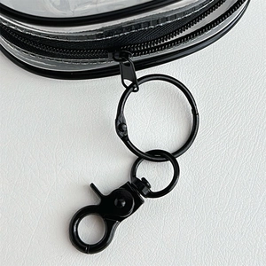 Macro shot of durable black metal zipper and swivel clasp on clear travel storage pouch