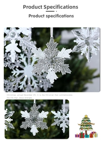 Detailed view of silver acrylic snowflake ornament with glitter on a Christmas tree
