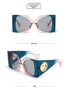 Macro view of gradient square sunglasses with gold hollow ring detail on the temple