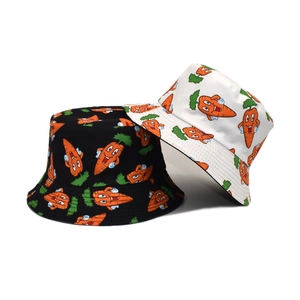 Cartoon carrot print bucket hats in black and white combo for outdoor sun protection