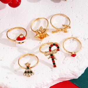 Christmas theme 6-piece adjustable gold rings set with festive oil-drip charms on stones