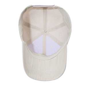 Beige canvas baseball cap with internal stitching detail and structured crown support