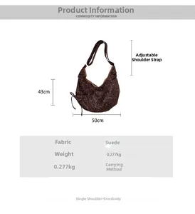 Detail view of leopard print faux suede tote bag showing dimensions 50x43cm and textures