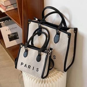 Canvas Tote Bag Für Damen PU Lederbesatz Paris Buchstabendruck Handtasche Crossbody Große Kapazität Minimalistischer Stil