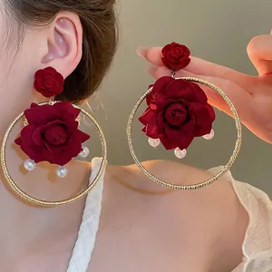 Rose Flower Drop Earrings With 925 Sterling Silver Earring Post Fabric Petal Faux Artificial Pearl Gold Hoop French Vintage Style