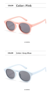 Detail view of round matte silicone sunglasses for toddlers in orange pink and grey blue