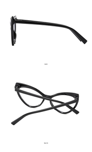 Side and back view of elegant black cat-eye glasses frames with a high-gloss finish