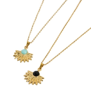 Bohemian gold plated fan-shaped sunburst necklaces featuring turquoise and onyx stones