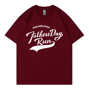 Close-up of Philadelphia Father's Day Run print on a burgundy casual cotton T-shirt