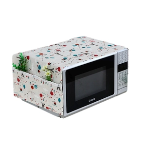 Linen dust cover for microwave with floral pattern and lace storage side pockets