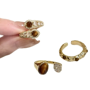 18K gold plated tiger eye ring set with zircon stones in adjustable open design