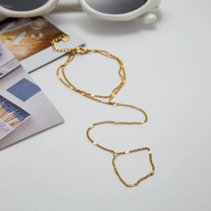 Elegant 18K gold plated stainless steel finger bracelet with delicate double layer chain
