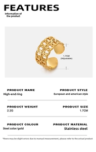 Detailed view of 1.7cm adjustable gold stainless steel ring with hollow chain texture
