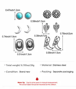 Tableau des tailles détaillé des boucles d'oreilles western bohèmes en argent et turquoise