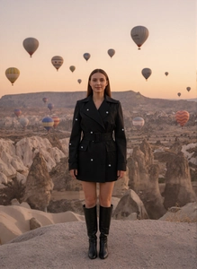 Détails de la robe blazer noire à double boutonnage avec boutons en métal et ceinture