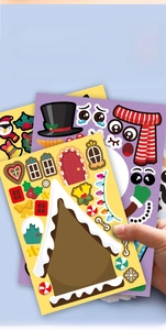 Close-up of children DIY Christmas stickers featuring gingerbread houses and snowmen patterns