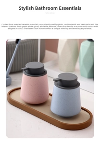 Ceramic soap dispenser set in pink and blue with a matte texture and tray for bathroom