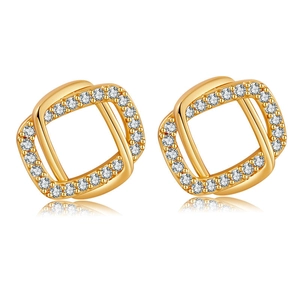 Square 18K gold plated stud earrings with micro-paved white zircons on white background
