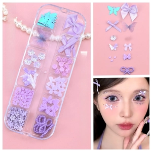 Detailed view of purple DIY butterfly and bow face jewelry with makeup application
