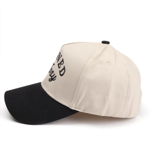 Detail of color-block baseball cap with contrast brim and letter embroidery on crown