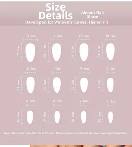 Size chart showing 24 pieces of almond-shaped press-on nails in 12 different dimensions