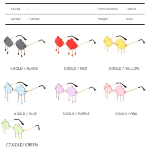 Cloud-shaped sunglasses with metal frames and raindrop charms in seven vivid colors