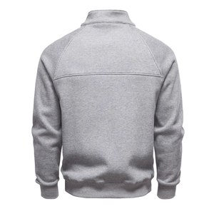 Rear view of grey men's zip-up sweatshirt showing waffle knit texture and ribbed cuffs
