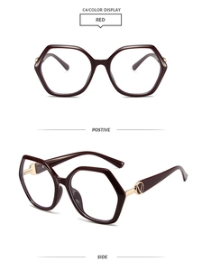 Detail view of wine red polygon TR90 glasses frames with golden metallic temple accents