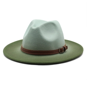 Detail of the two-tone gradient felt fedora with a brown leather belt buckle strap