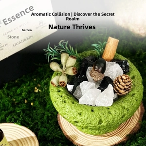 Detailed aromatherapy diffuser kit with natural stones, pine cones, and moss base