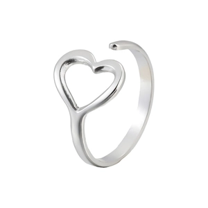 Adjustable minimalist heart shaped stainless steel open ring with silver finish