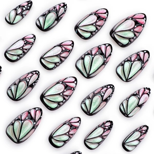 3D butterfly press-on nails with iridescent pearlescent gradient and almond shape design