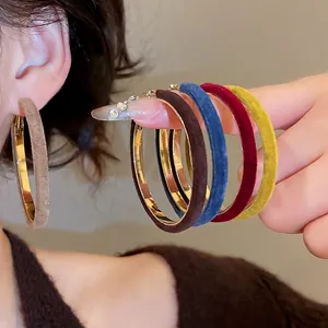 Alloy Flocked Round Hoop Earrings With 925 Sterling Silver Earring Post Vintage Autumn Winter Velvet Jewelry For Women