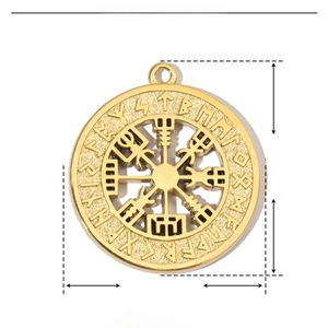 Technical drawing of golden Viking compass pendant showing 25mm diameter and 7.1g weight