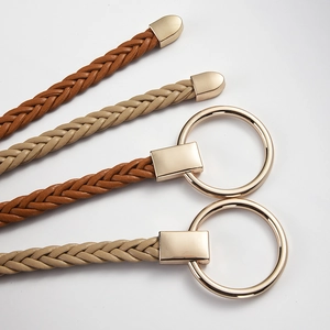 Braided PU leather waist belts in brown and beige colors with stylish gold metal buckles