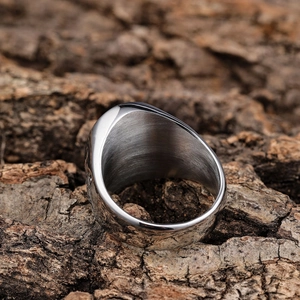 Rugged stainless steel wide ring for men with brushed interior on natural wood bark background
