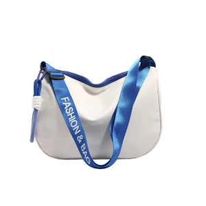 White nylon crescent shoulder bag with blue logo strap and spacious half-moon design