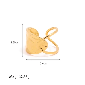 Detailed view of hollow irregular gold ring with textured finish and dimensions