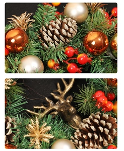 Detailed macro view showing gold pinecones, red berries and metallic ornaments on Xmas wreath