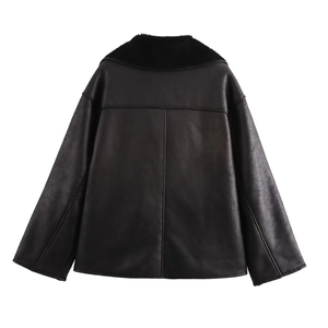 Back view of a black faux leather jacket with faux shearling collar and seam detailing
