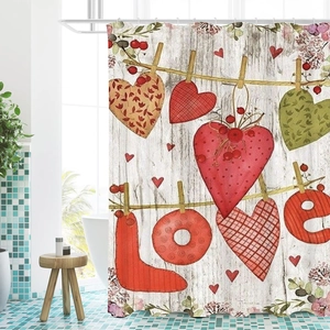 Macro detail of waterproof polyester shower curtain with rustic heart and LOVE pattern