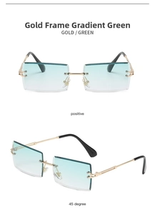Detail view of rimless rectangular sunglasses with gold temples and gradient green lenses