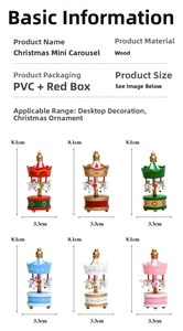 Detailed size specifications and color options for wooden Christmas carousel ornaments