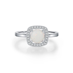 Elegant S925 sterling silver halo ring featuring white opal and zircon square border