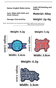 Detailed view of enamel pins featuring inspirational quotes with specific size measurements