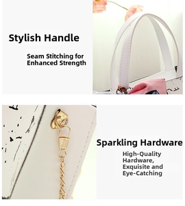 Detail of high-quality golden hardware and reinforced handle on white patterned handbag