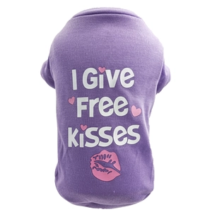 Close-up of purple knit cotton dog vest featuring I Give FREE kisses graphic print
